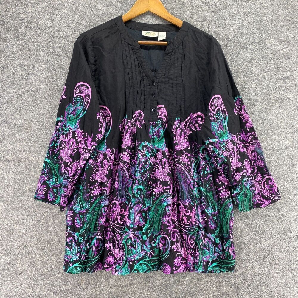 5/$45 Collections Blouse Women L Large Black Paisley V-Neck  3/4 Sleeve